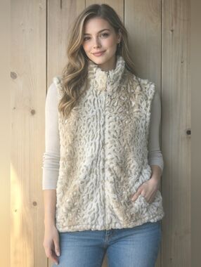 Coastlines Faux Fur Leopard Print Zip Up Vest Beige White Tan Womens XL